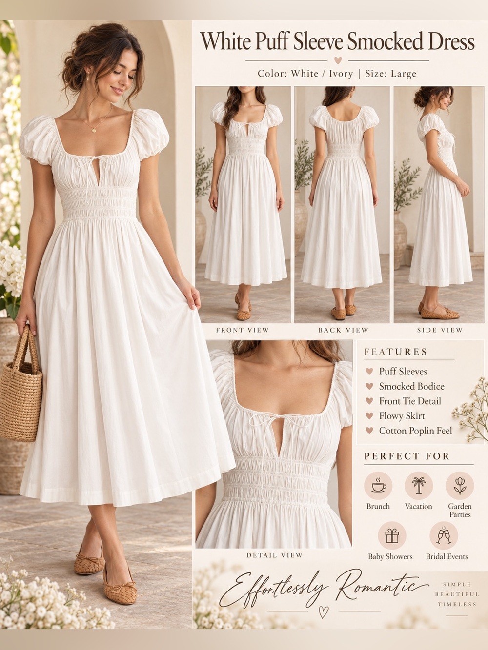 DÔEN Quinn Organic Cotton Poplin Puff Sleeve Smocked Maxi Dress Large NWOT